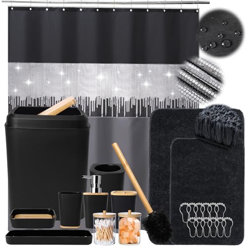 Shower Curtain and Rugs,24PCS Black Bathroom Set