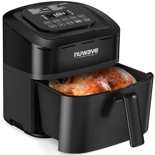 Nuwave Brio 10-in-1 Air Fryer 7.25Qt with Patented Linear T Thermal Technology for Crisping, Roasting, Dehydrating, and Reheating Non-Stick, Dishwasher Safe Basket, and App with 100+ Recipes - Black