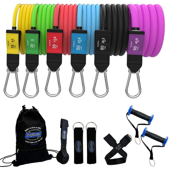 Bodylastics PRO Series Resistance Band Set - 7 Bands, Handles, Ankle Straps, Door Anchor, Carry Bag Heavy-Duty Stretch Exercise Bands-Patented Clips and Snap Reduction Tech (280 LBS Max Tension) bodylastics