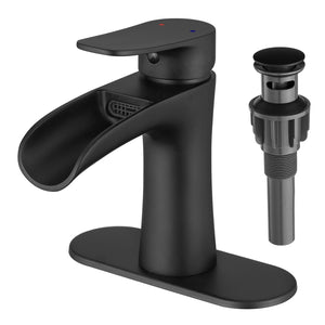 Waterfall Bathroom Faucet, Matte Black Modern Single Handle Bathroom Faucets