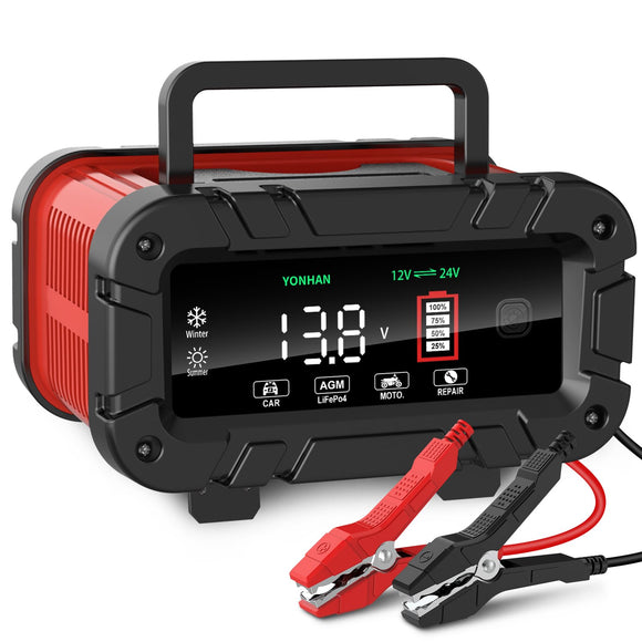 Battery Charger 0-10 Amp, Upgraded 12V/24V LiFePO4 Lead Acid Portable Car Battery Charger w/Large Display Screen