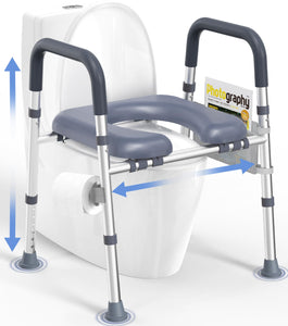 Toilet Seat with Handles & Padded Seat, Adjustable Height & Width