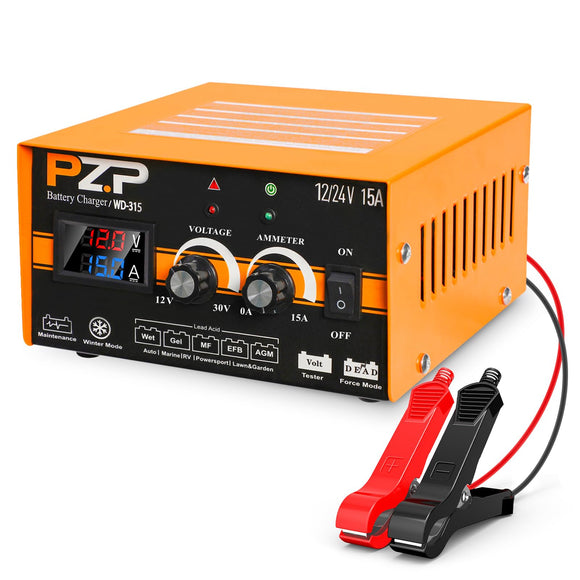 PZ.P 12V 24V Manual Battery Charger Maintainer, 0 to 15A Arbitrarily Adjustable Car Battery Trickle Charger