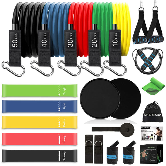 23 Pack Resistance Bands Set Workout Bands, 5 Stackable Exercise Bands 5 Loop Resistance Bands 2 Core Sliders, Door Anchor Handles Ankle Straps Carry Bag Instant Cooling Towel Wrist Wraps CHAREADA