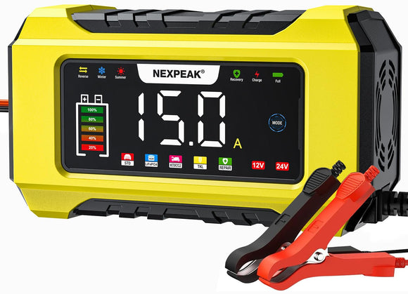 NEXPEAK NC215 15-Amp Battery Charger, Trickle Charger Car Battery Charger 12V 24V LiFePO4 Lead Acid Portable 9-Stage Smart Battery Maintainer w/Temp Compensation for Car Truck Lawn Mower Boat Marine