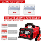 5/10/25 AMP Car Battery Charger-12 V /24 V Fully Automatic Smart Lead-Acid Battery Charger, AGM Gel Circulation Trickle Maintainer