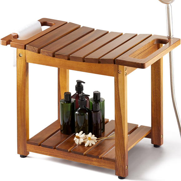 hower Bench Seat with Storage Shelf, Natural Wood Shower Benches