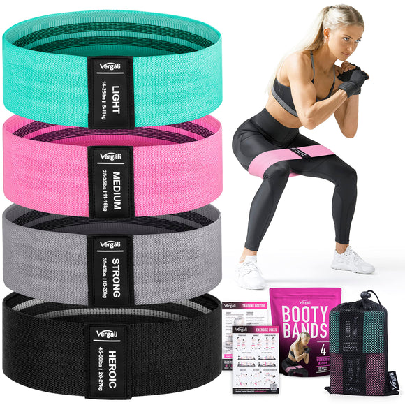 4 Fabric Booty Exercise Bands for Women & Men - Glute, Hip & Thigh Resistance Bands with Workout Guide Vergali