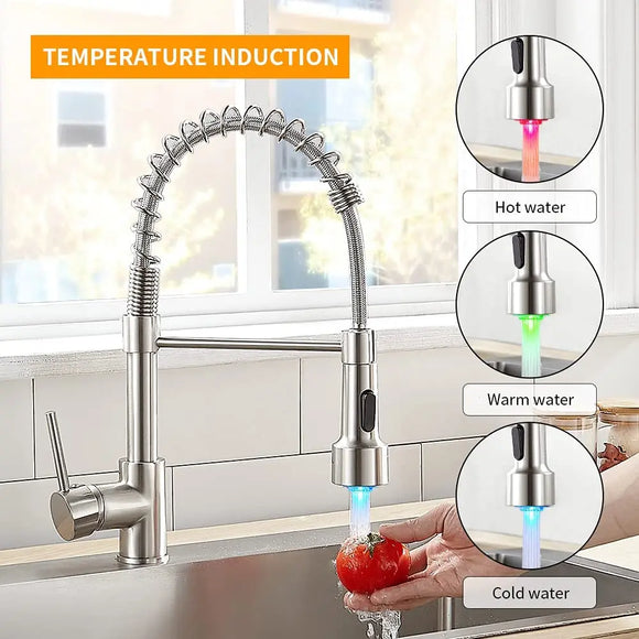 Kitchen Faucets Brush Brass Faucets for Kitchen Sink  Single Lever Pull Down Spring Spout Mixers