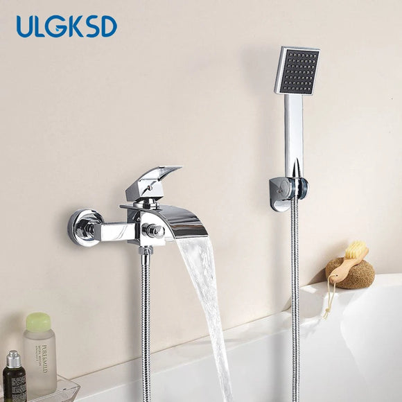 ULGKSD Chrome Plated Bathtub Faucet Set Waterfall Spout Solid Brass