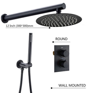 Smesiteli Bathroom Shower Set Matte Black Rain Shower Faucet Wall or Ceiling Mounted Thermostatic Valve System 8-12"Shower Head