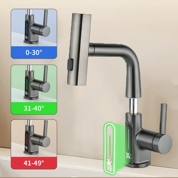 Temperature Digital Display Wash Basin Faucet Pull Out Taps Hot Cold Water