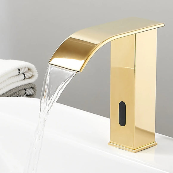 Golden Bathroom Brass Infrared Sensor Faucet Basin Waterfall Touchless Tap