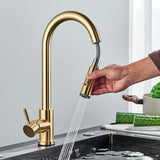 Quyanre Brushed Gold Kitchen Faucet Pull Out Kitchen Sink Water Tap Single