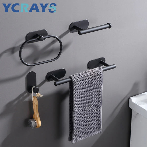 YCRAYS No Drilling Black Bathroom Accessories Sets Toilet Tissue Roll Paper Holder Towel Rack