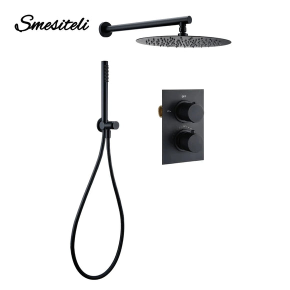 Smesiteli Bathroom Shower Set Matte Black Rain Shower Faucet Wall or Ceiling Mounted Thermostatic Valve System 8-12