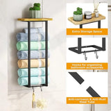 Towel Storage Rack Wall Mounted Metal Holder with Bamboo Shelf Bathroom Towels