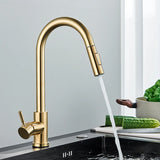 Quyanre Brushed Gold Kitchen Faucet Pull Out Kitchen Sink Water Tap Single