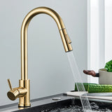 Quyanre Brushed Gold Kitchen Faucet Pull Out Kitchen Sink Water Tap Single