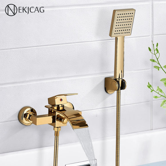 Gold Bathtub Faucet Waterfall Shower Faucet Wall Mounted Hot Cold Water